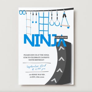 Editable Ninja Warrior Invitation, Kids Ninja Warrior Birthday Invitation, Blue and Black Obstacle Gym, Warped Wall Ninja Gym Invitation