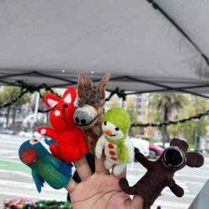 Handmade Wool Felt Finger Puppets - Set of 5 Animal and Holiday Characters (Cat, Donkey, Snowman, Parrot, Bear) Unique Gift for Kids.