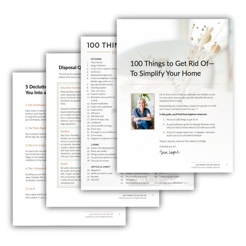 Peut inclure: Gros plan sur une page d'un livre intitul&eacute; "100 choses &agrave; se d&eacute;barrasser - Pour simplifier votre maison". La page pr&eacute;sente une photo d'une femme aux cheveux bruns courts et portant une chemise blanche. Le texte sur la page comprend une liste de choses &agrave; se d&eacute;barrasser, telles que des m&eacute;dicaments p&eacute;rim&eacute;s, des &eacute;pices anciennes et des sacs de rangement suppl&eacute;mentaires.