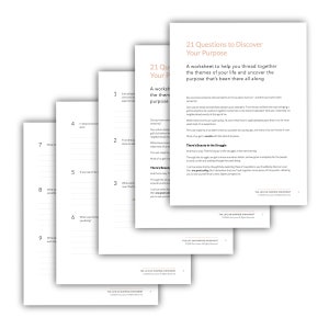 May include: A worksheet titled "21 Questions to Discover Your Purpose" with a light brown background and white text. The worksheet is designed to help you uncover your life's purpose.