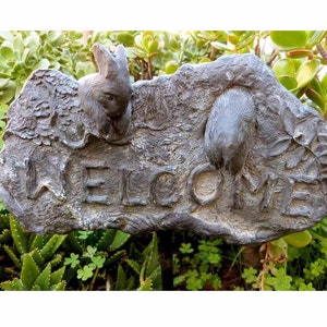 Rabbits Welcome Goodbye Antiqued Garden Stake Marble Composite Vintage ...