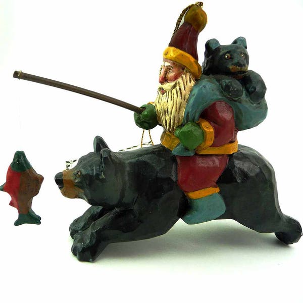 Vintage House of Hatten Folk Art Santa Rides Bear with Cub in Tow Santa's  Kingdom Collection Carver Susan H. Smith Rustic Ornament