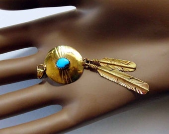 Native American Themed 12K Gold Filled Shield Pendant w/ Pronged Free Form Turquoise Center Stone Feather Dangles