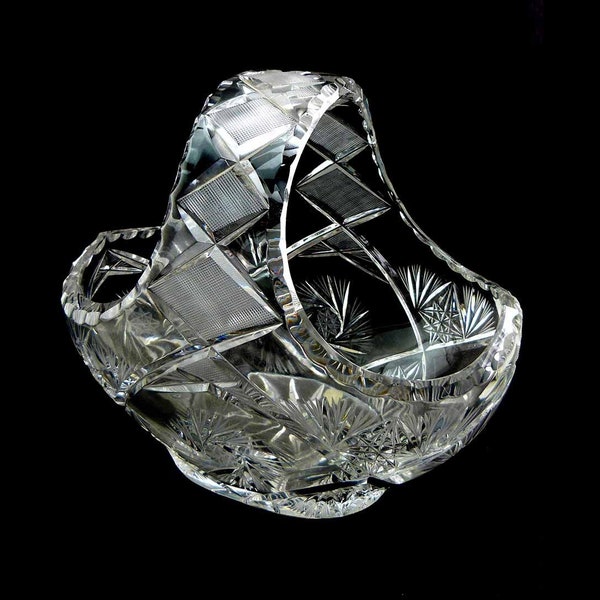 Large Crystal Clear Hand Cut Lead Oval Crystal Wide Handle Basket Sawed Edge with Cross Hatch Diamonds & Pinwheel Starburst Pattern