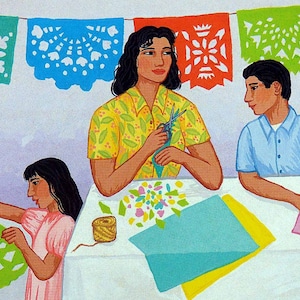 BANDERITAS 1990 Bank of America Carmen Lomas Garza papier illustré découpes carte postale surdimensionné inutilisé