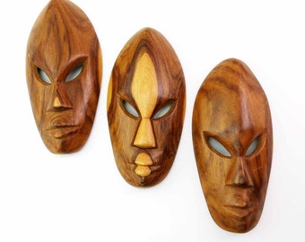 African Tribal Masks Vintage Hand Carved Set of 3 Wood Carved Ethnic Primitive Masks Elongated Faces Rich Wood Grain Tribal Folk Art