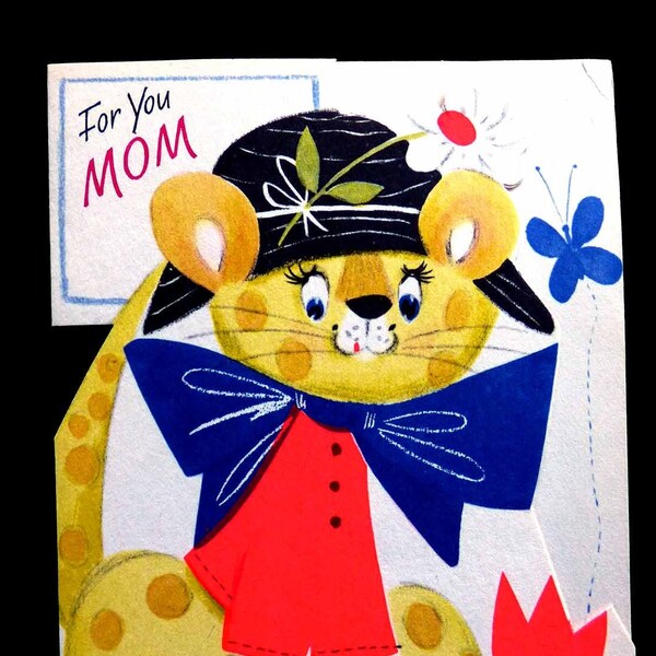 Tiger Kitten with Flower Pots For You Mom Vintage 1950s Used Buzza Cardozo USA Mother's Day Die Cut Card Greeting Love XOX