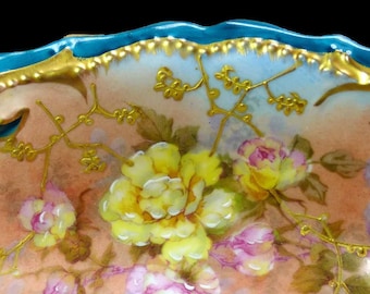 1880 1890s Antique Limoges France AK Fine Porcelain Display Cabinet Bowl Hand Painted Gold White Applied Moriage Yellow Pink Lavender Roses