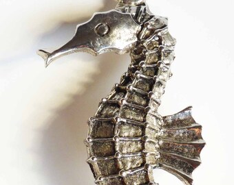 Large Elegant Seahorse Pendant Vintage Late 80s Figural Regal Seahorse in Cast Silver Toned Metal