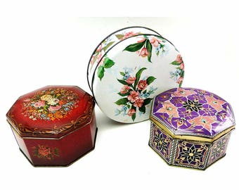3 Collectible Candy Sweets Tins Meister Octagon Round Metal Tins Candy Perfect for Storage Floral William Morris Inspired Purple Red White