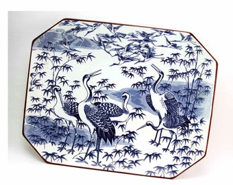 Cranes in Bamboo Large Vintage Japanese Porcelain Charger Plate Steak Platter Hand Painted Tsuru Flight Blue on Blue Brown Trim Shallow Bowl