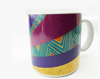 Vintage Laurel Burch TASAI Ceramic Mug Gold Leaf Effect Abstract Geometric Ethnic Design Made in Japan