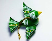 Vintage 1970s Hanging Wooden Green Bird of Joy Ornament Hand Painted w Yellow White in Old World Folk Art Tole Style