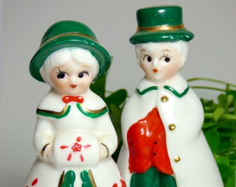 Lefton Christmas or St Patricks Day Irish Dapper Gentleman & Lovely Maiden Porcelain Figural Bells Wearing Green and White