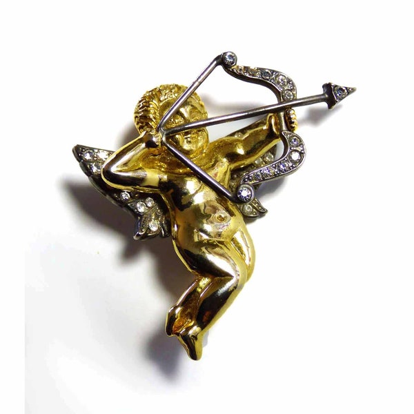 Gold Plate Brooch Pin Guardian Angel Cherub Cupid with Bow Arrow Signed 94 Edgar Berebi Designer Museum Inspirations Crystals Atelier NYC