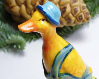 Golden Yellow Duck Wearing Blue Pork Pie Hat & Overalls Porcelain Hinged Trinket Box Keepsake Spring Day Easter Decor Collectible Gift