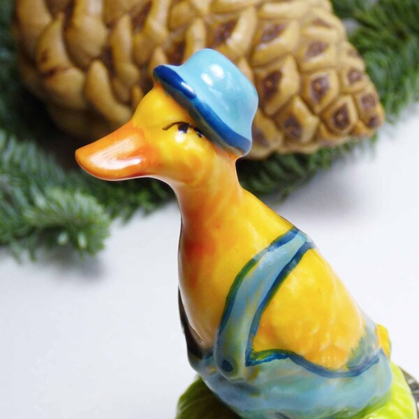 Golden Yellow Duck Wearing Blue Pork Pie Hat & Overalls Porcelain Hinged Trinket Box Keepsake Spring Day Easter Decor Collectible Gift