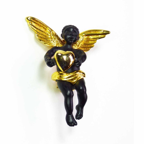 Black African American Guardian Cherub Angel Pin Brooch by Coreen Simpson Designer by The Vintage Black Cameo Collection Gold Plated Pewter