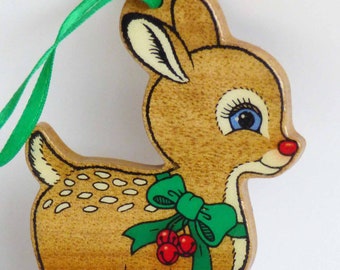 Vintage 1960s Wooden Rudolph the Red-Nosed Reindeer Christmas Decoration w/ Green silk Hanger Bambi Inspired Holiday Home Decor