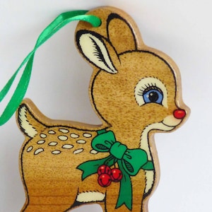 Vintage 1960s Wooden Rudolph the Red-Nosed Reindeer Christmas Decoration w/ Green silk Hanger Bambi Inspired Holiday Home Decor