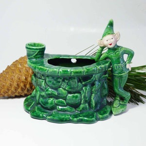Maak een WISH Green TREASURE CRAFT Pixie Elf Keramisch Vintage 1950s Wishing Well Planter Vaas &Kandelaar