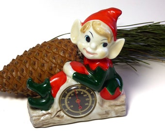 Early 1940s Seated Red & Green Pixie Elf Sitting on a Log Room Temperature Thermometer Japan Ceramic Figurine