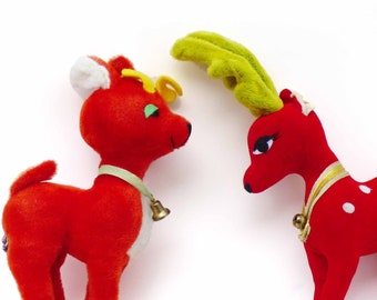 Red DAKIN Dream Pets Velveteen Deer Dreamy Eyes and Spotted Reindeer Yellow Antlers Sawdust Stuffed Holiday Christmas Decor Vintage 1950 60s