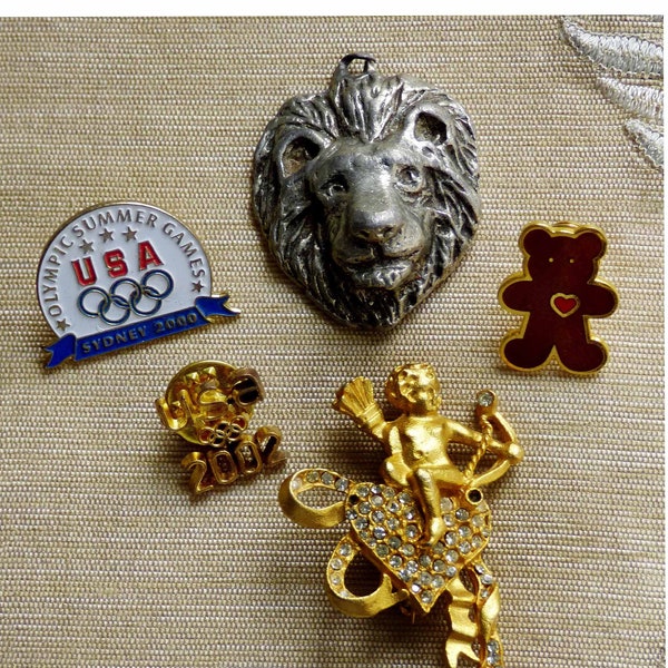 Vintage Pin backs Pendants Brooches Metzke Pewter Lion Pendant Olympic Team Summer Games USA Sydney Love Cherub Hallmark Teddy Bear Hearts