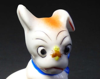 Surprised Puppy Dog with Bug Bee Wasp On Nose Porcelain Figurine  1940s Occupied Japan Hand Painted Blue Neck Bow