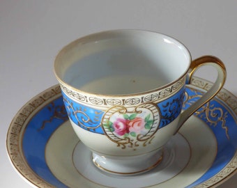 Vintage S.T. CHINA Demitasse Blue Band w/ Gold Moriage Floral Tea Cup & Saucer Made Occupied Japan Romantic Cottage CHic