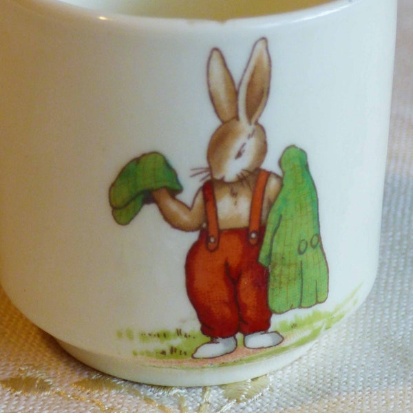 Royal Doulton BUNNYKINS Egg Cup Playing w/ Doll & Pram | Choosing Clothing Porcelain Tableware Fine English Bone China England 1954 to 1958