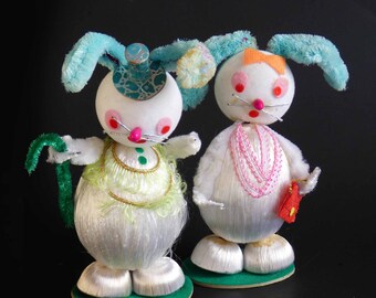 Mr and Mrs Bunny Pixies Early 1950s Large Pipe Cleaner Egg Shaped Bodies Purse Walking Stick Spun White Silky Bric Brac Detail Paper Stands