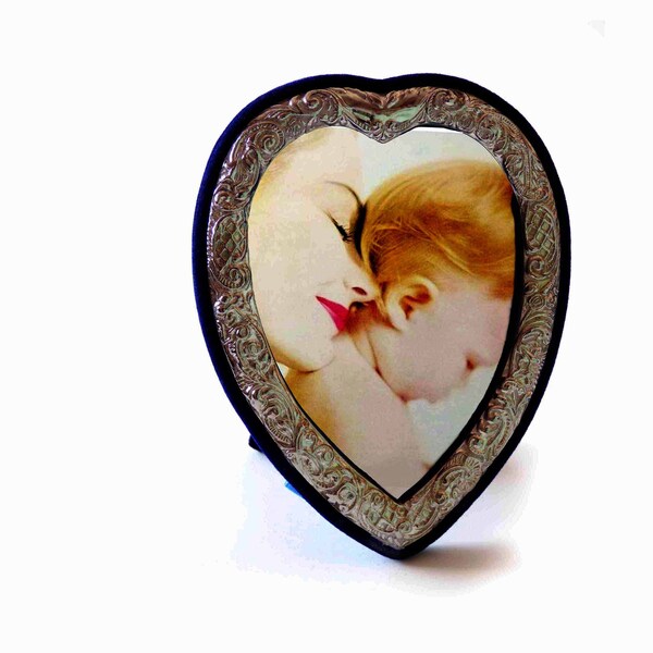 Vintage 1990s Heart Shaped Silver Plate Photo Picture Frame  Repousse On Blue Velvet Back Glass Front Suitable for 4 x 5.5 Image