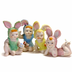 4 Porcelain Bisque Pixie Bunny Rabbit Babies with Butterflies in Sugared Mica Glass Bunny Suits Parma By AAI Japan Circa 1950s