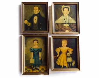 All in the Family 4 Vintage 19th Century Folk Art Well to Do Family Portraits w/ Painting-Like Finishes Framed Chippy Aged Look