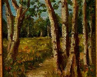 Original Oil Painting on Canvas Signed M Barton Vintage Country Walk Miniature OOAK Rich Brown Gold Green Colors