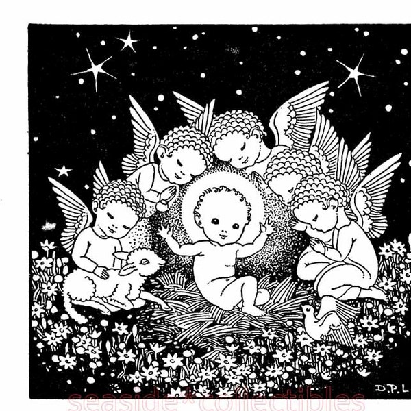 L'Enfant Jésus entouré d'anges et d'animaux Illustration artistique du livre Vers les années 1930 Dorothy P. Lathrop, 1ère médaille Caldecott, étoiles célestes
