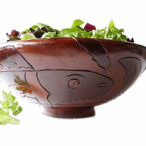 Large 1950s All Wood  Serving Bowl Philippines Primitive Carving Pineapple Fruit Fish and Flower Design Salad Fruit Bowl Centerpiece