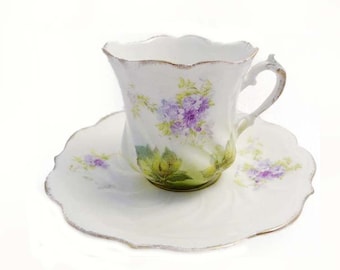 Antique 1880s Delicate Floating Violet Flower Fine Porcelain Demitasse Teacup and Saucer Set Romantic Cottage Chic