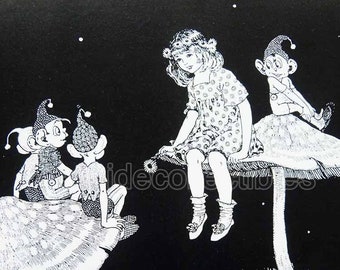 She's Really Rather Nice Fairyland Ida Rentoul Outhwaite Young Girl Seated on Toadstool Speaking with Elves BW Vintage Book Art Print