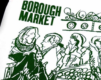 Illustrated Tea towel from the kitchen range by James Oses for London's BOROUGH MARKET Design by Peter Gibbons Foodie Gift MOD Kitchen Art