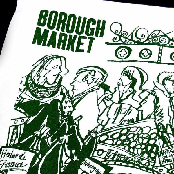 Illustrated Tea towel from the kitchen range by James Oses for London's BOROUGH MARKET Design by Peter Gibbons Foodie Gift MOD Kitchen Art