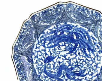 Uncommon 1960s Takahashi 12 " Signed Porcelain Chop Platter Display Plate Japan Blue White Phoenix Dragon San Francisco