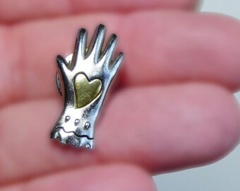 Vintage 1980s Silver Hand Pin Glove with Gold Tone Heart  Lapel Pin Tie Tack Pin Brooch First Date MOD Steampunk