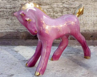 Vintage 1950s Horse Philly Pony Porcelain Lusterware Figurine Hand Painted Lavender Purple Gold Detailing Iridescent Finishes