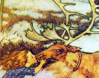 Gerda Kisses the Reindeer & the Golden Stagecoach Vintage Book Art Plate The Snow Queen Illustrations by Edmund Dulac