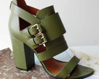 Stepping Out GIVENCHY Designer Military Green Cut Out Block Heel Double Buckle Shoes Luxury Shoe Collection 525947 US Womens Size 10M