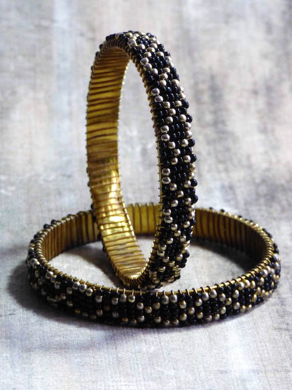Two Brass Wrap Bangle with Black Glass Seed Beads 