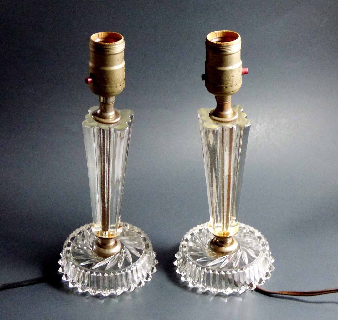 Vintage Pair of Hand Cut Solid Clear Crystal Boudoir Bedroom Lamps 1950s Art Deco Influences ...