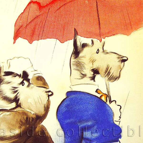 Golf in the Rain Edmund Blampied 1937 Dogs Playing at a hole in the ground Anthropomorphic Illustrated Wall Art  Red Umbrella